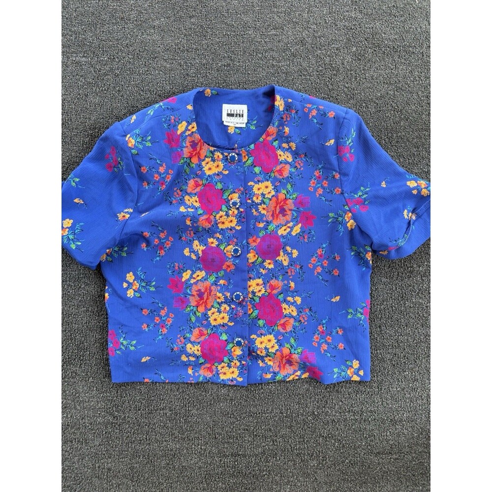 Leslie Fay Cropped Floral Blouse Size 14P Shoulder Padded